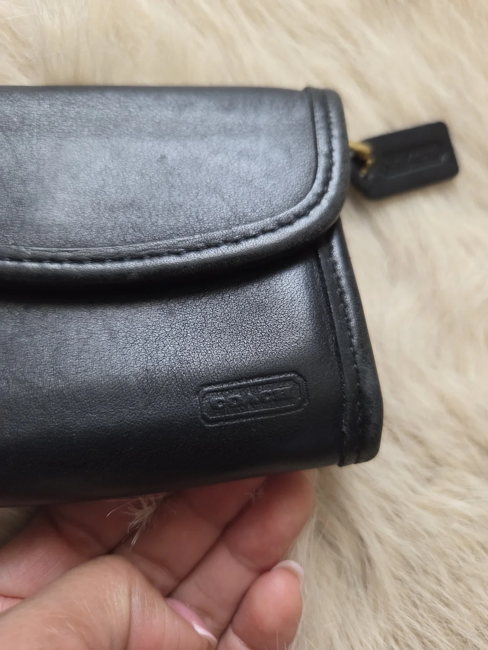 Vintage Coach Black Leather Key Wallet with Gold Chain